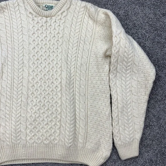 Carraig Donn Irish Wool Cable Knit Fisherman Sweater Pullover Mens Cream Large